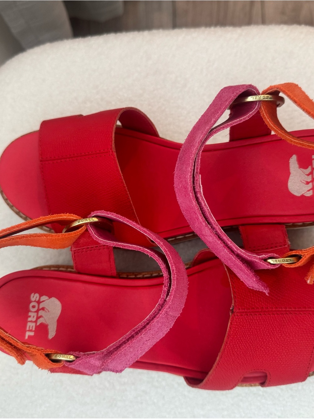 Sorel Red Sandals with Pink Suede and Orange Accents